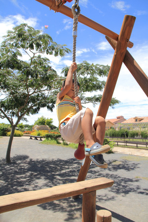 Japanese boy playing with Tarzan ropeの写真素材