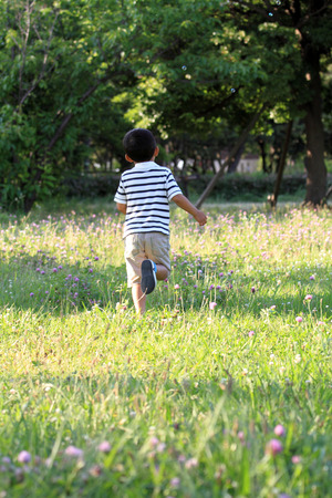 Japanese boy running on the grassの写真素材