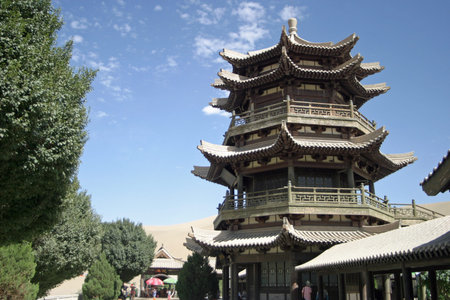Temple in Crescent lake, Mingsha Shan, Dunhuang, Chinaのeditorial素材