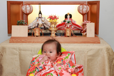 Hina festival with baby girl (Japanese 0 year old)の写真素材