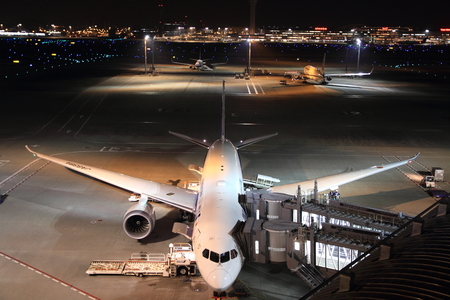 Airplane parking at Tokyo international airport (night scene)のeditorial素材