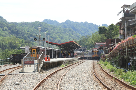 Shifen station and train on Pingxi line in Taiwanのeditorial素材