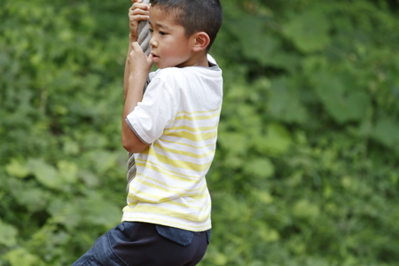 Japanese boy playing with flying fox (second grade at elementary school)の写真素材
