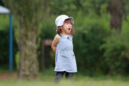 Japanese girl crying on the grass (2 years old)の写真素材