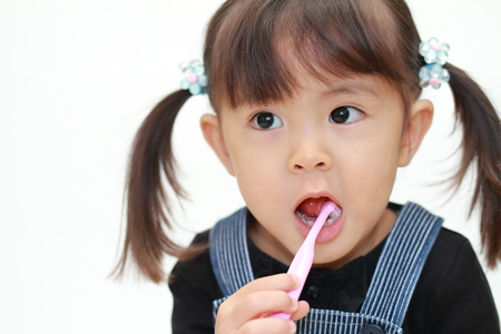 Japanese girl brushing her teeth (3 years old)の写真素材
