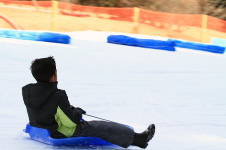 Japanese boy on the sled (second grade at elementary school)の写真素材