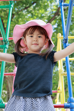 Japanese girl on the jungle gym (3 years old)の写真素材