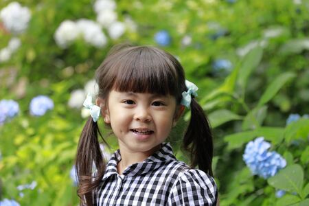 Japanese girl and hydrangea (4 years old)の写真素材