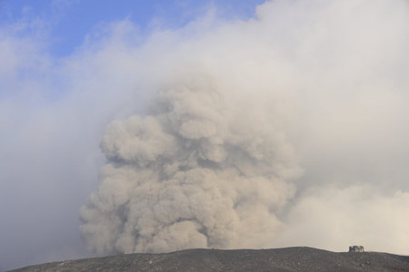 volcanic smoke from mount Aso in Kumamoto, Japan