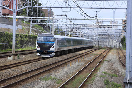 Running train in Shinkoyasu, Kanagawa, Japan (Izunoodoriko, E257 series)のeditorial素材