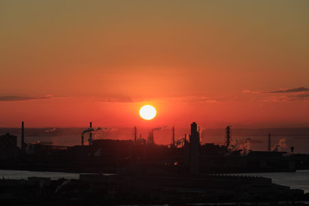 factories in Keihin industrial district, Kanagawa, Japan (dawn)の写真素材