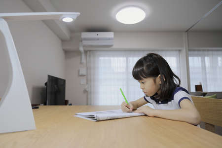 studying Japanese girl in dining room (7 years old)の写真素材