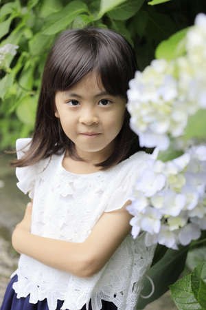 Japanese girl and hydrangea (7 years old) (white)の写真素材