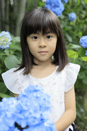 Japanese girl and hydrangea (7 years old) (blue)の写真素材