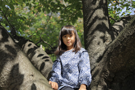 Japanese student girl climbing the tree (8 years old)の写真素材