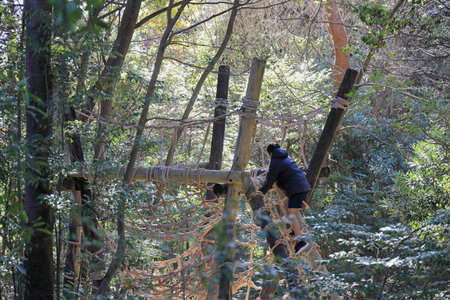 Japanese junior high school student playing at outdoor obstacle course (13 years old)の写真素材