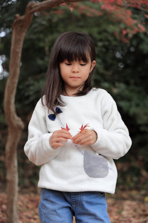 autumn leaves and Japanese student girl (8 years old)の写真素材
