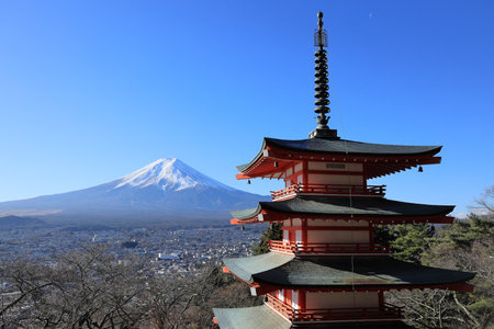 Mt. Fuji and five storied pagoda, view from Arakura yama Sengen park, Japanの写真素材