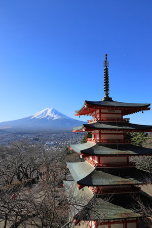 Mt. Fuji and five storied pagoda, view from Arakura yama Sengen park, Japanの写真素材