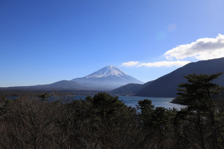 Mt. Fuji, view from Motosu lake, Yamanashi, Japan (winter)の写真素材