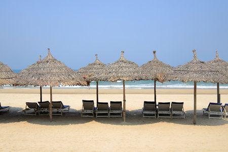 My Khe Beach and beach umbrella in Danang, Vietnamの写真素材