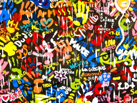 funky colorful and bright graffitis on wallの写真素材