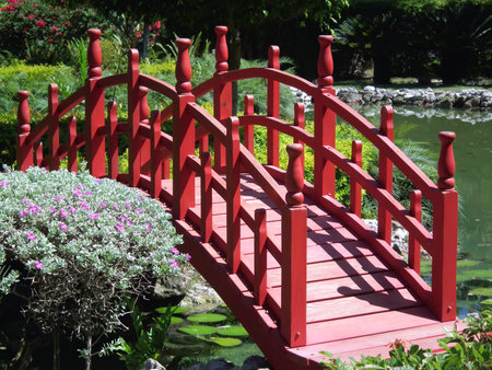 red asian bridge in gardenの写真素材