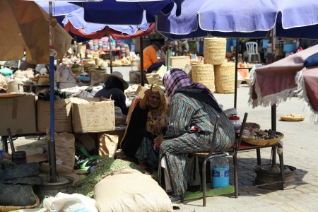MARRAKESH, MOROCCO-APRIL 29, 2013:Women sell their handmade products in Marrakesh, Morocco on April 29, 2013.のeditorial素材