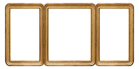 Gold frame of three parts (triptych) on a white background for paintings, mirrors or photosの写真素材