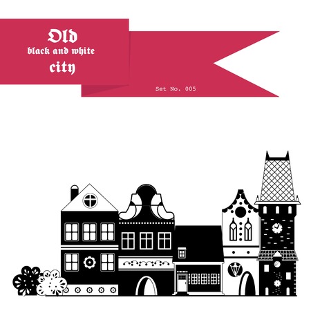 Set of black and white images of medieval housesのイラスト素材