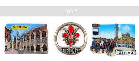 Souvenir (magnet) from Italy isolated on white background. The inscription means in Italian city "Florence" in Englishの写真素材