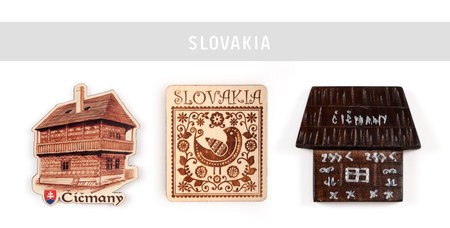 Souvenir (magnet) from Slovakia isolated on white background. The inscription on the magnet Slovak village name means "Tchitchmany"の写真素材