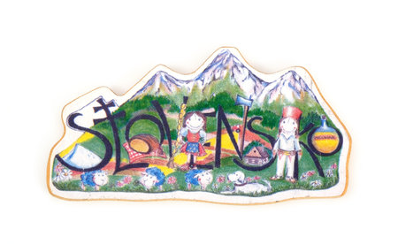 Souvenirs (magnets) from Slovakia isolated on white background. The text on the magnet means in English "Slovakia".の写真素材