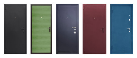 Set of models of entrance metal doors isolated on white background