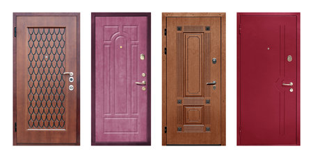 Set of models of entrance metal doors isolated on white background