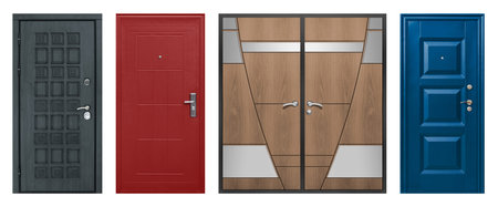 Set of models of entrance metal doors isolated on white background