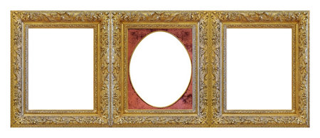 Triple golden frame (triptych) for paintings, mirrors or photos isolated on white background.の写真素材