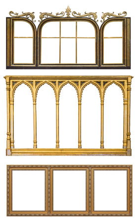 Set of golden frames for paintings, mirrors or photo isolated on white background