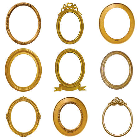 Set of golden frames for paintings, mirrors or photo isolated on white backgroundの写真素材