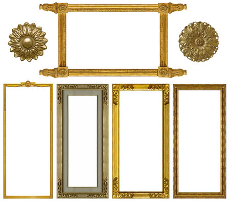 Set of golden frames for paintings, mirrors or photo isolated on white background