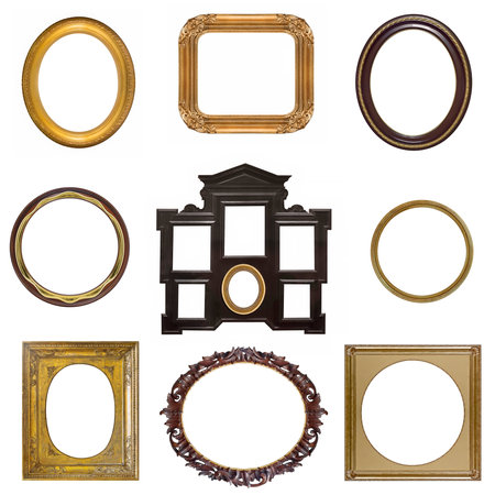 Set of golden and wooden frames for paintings, mirrors or photo isolated on white background
