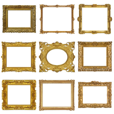 Set of golden frames for paintings, mirrors or photo isolated on white background