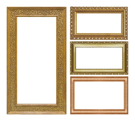 Set of golden frames for paintings, mirrors or photo isolated on white background