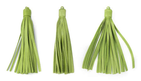 Green leather tassels isolated on white background for creating graphic conceptsの写真素材