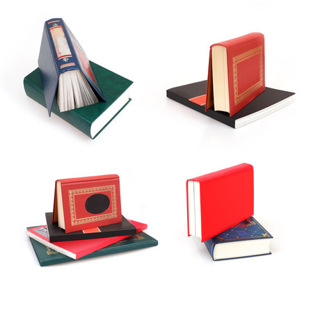 Set of stack of books in color covers with white sheets isolated on a white background