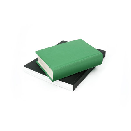 Stack of books in color covers with white sheets isolated on a white backgroundの写真素材