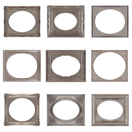 Set of silver frames for paintings, mirrors or photo isolated on white background
