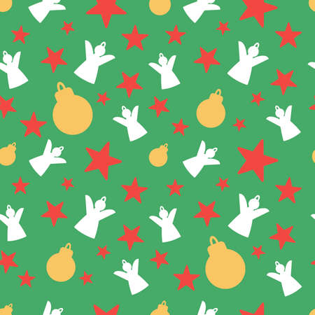 Seamless Christmas pattern with angels, stars and fur-tree toysのイラスト素材