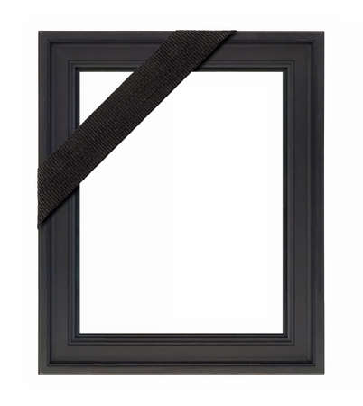 Black wooden frame with black mourning ribbon for paintings, mirrors or photo isolated on white backgroundの写真素材