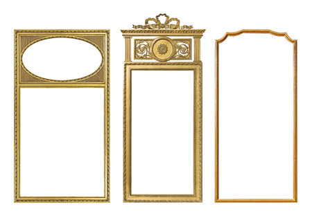 Set of golden frames for paintings, mirrors or photo isolated on white background